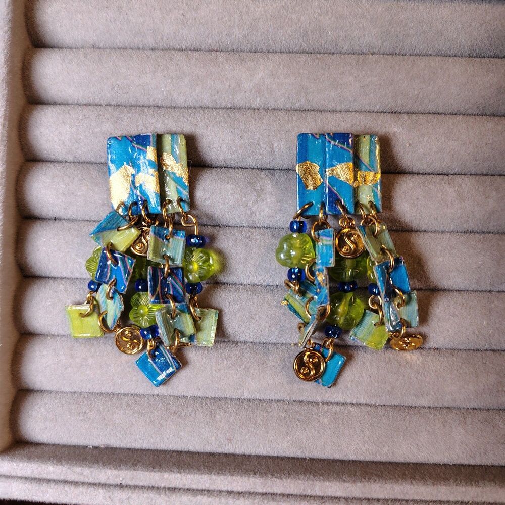 Boho YingYang Floral Green Blue Gold DropDangle Statement Earrings GypsyVTG/J120